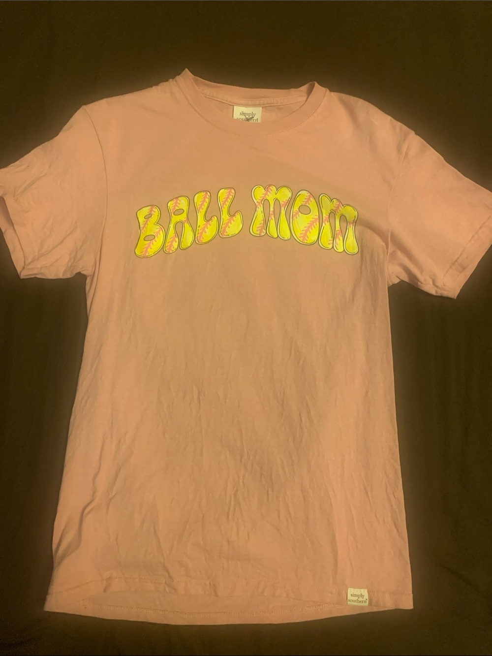 Simply Southern Pink Tee with Yellow 'Ball Mom' Graphic